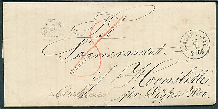 KRO-POST. Ufrankeret portobrev fra Randers med lapidar Randers JB.P.E. d. 19.1.1872 via Aarhus til Sogneraadet i Hornsleth pr. Lygten Kro. Påskrevet 8 skilling porto. Brevsamlingssted oprettet i Løgten pr. 1.7.1858.
