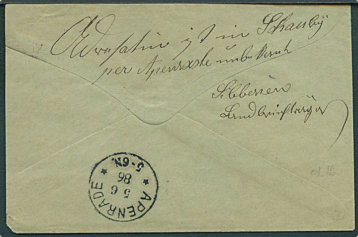 5 pfg. Ciffer i parstykke på brev annulleret med enringsstempel Apenrade ** d. 2.6.1886 til Schauby pr. Apenrade. Retur som ubekendt.