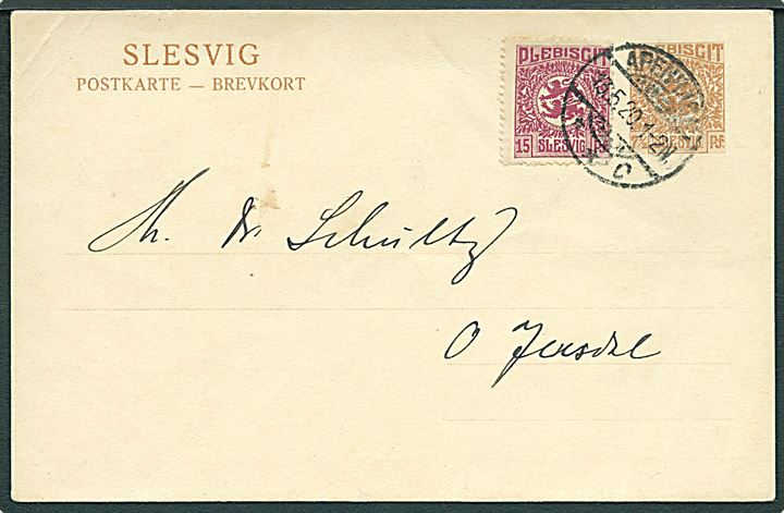 7½ pfg. Fælles udg. helsagsbrevkort opfrankeret med 15 pfg. Fælles udg. stemplet Apenrade **c d. 13.5.1920 til Ober Jersdal. 