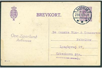 15 øre Chr. X helsagsbrevkort (fabr. 69-I) annulleret med brotype IVb Aabenraa sn1 d. 27.11.1923 til København.