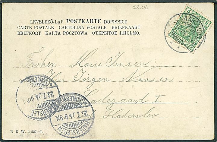5 pfg. Germania på brevkort annulleret Aarösund d. 22.7.1904 til Hadersleben.