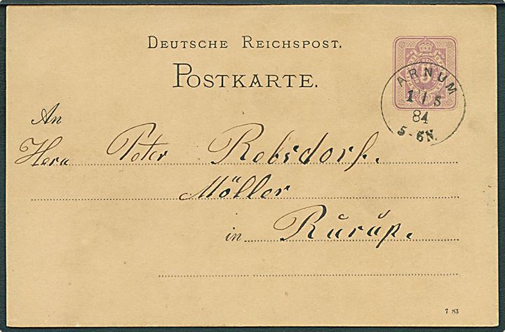 5 pfg. Ciffer helsagsbrevkort annulleret med enringsstempel Arnum d. 1.5.1884 til Rurup.