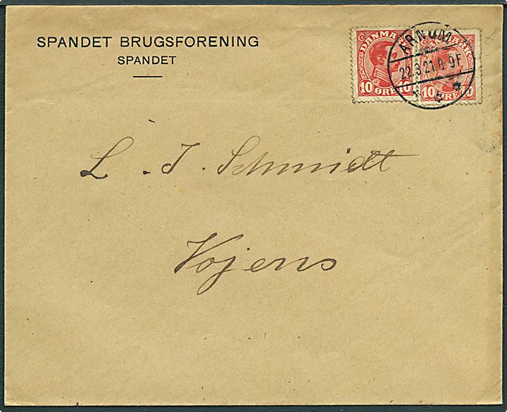 10 øre Chr. X (2) - højre mærke med variant defekt K i DANMARK - på brev fra Sandet Brugsforening annulleret med brotype IVb Arnum d. 22.3.1921 til Vojens. 