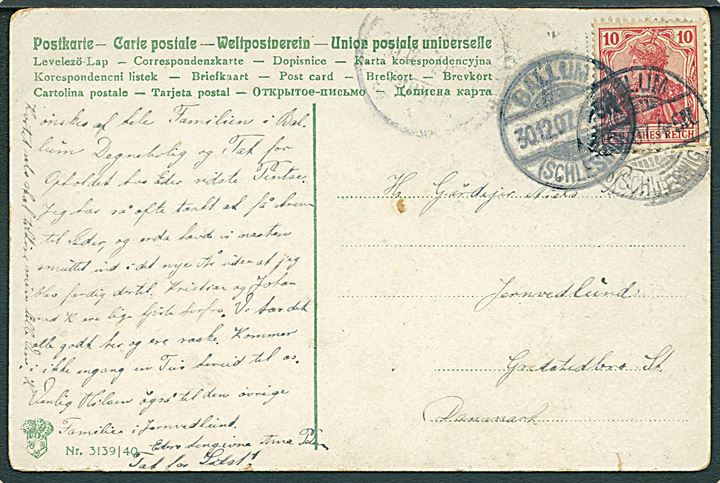 10 pfg. Germania på nytårskort annulleret med uldent stempel Ballum (Schleswig) d. 30.12.1907 til Gredstedbro St., Danmark.