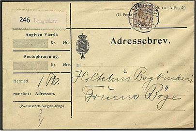25 øre Chr. X single på adressebrev for pakke fra Langeskov d. 9.11.1917 til Fruens Bøge.