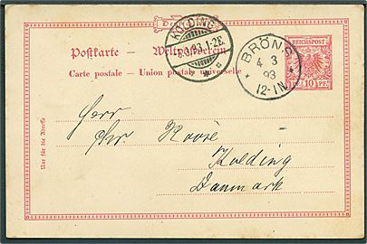 10 pfg. helsagsbrevkort stemplet Bröns d. 4.3.1893 til Kolding, Danmark.