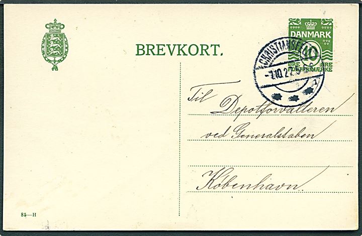 10 øre helsagsbrevkort (fabr. 85-H) annulleret med brotype IIb Christiansfeld sn1 d. 7.10.1927 til København.