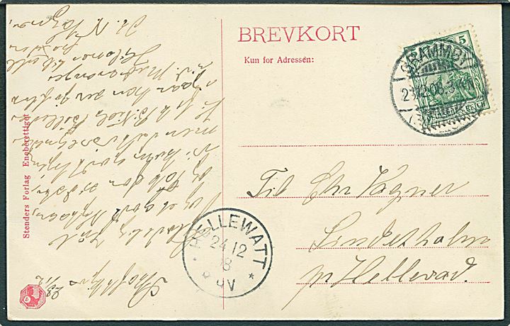 5 pfg. Germania på brevkort stemplet Grammby (Schleswig) d. 23.10.1908 til Hellewatt.