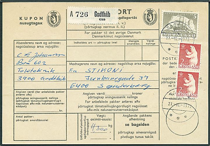 2 kr. Isbjørn i parstykke og 5 kr. Ishavsskib på adressekort for pakke fra Godthåb d. 27.10.1972 til Sønderborg, Danmark.