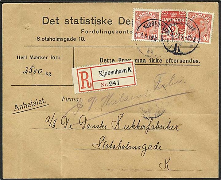 10 øre Chr. X (2) og 2 øre Bølgelinie på 22 øre lokalt anbefalet brev i København d. 19.5.1919.