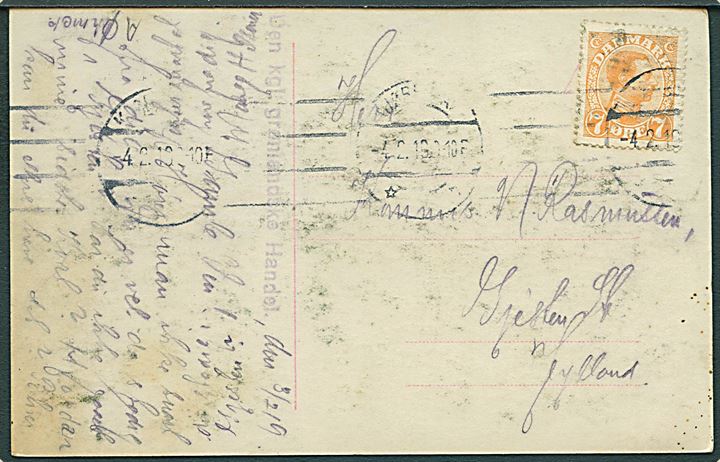 7 øre Chr. X på brevkort annulleret Kjøbenhavn d. 4.2.1919 til Gjedsten St. Violet liniestempel: Den kgl. grønlandske Handel. Godt stempel benyttet som afsenderstempel.