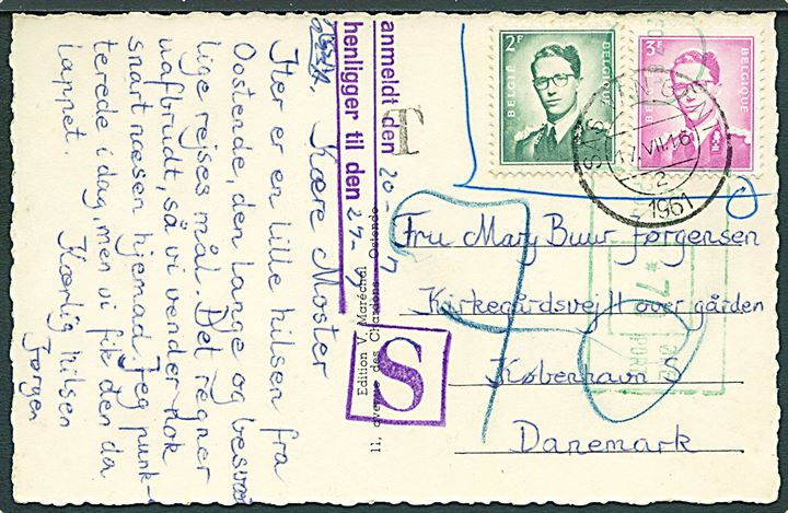 Belgisk 2 fr. og 3 fr. markeret ugyldig på brevkort (Ostende Hippodrome) annulleret med hollandsk stempel i Sas van Gent d. 17.7.1961 til København, Danmark. Udtakseret i porto med 70 øre grønt portomaskinstempel og anmeldt til afhentning ved København S postkontor.