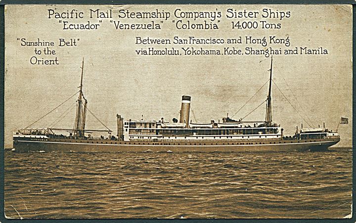 1 c. på brevkort (Pacific Mail Steamship Company skib) annulleret U. S. PCS. Shanghai China d. 30.7.1919 til Wisconsin, USA.