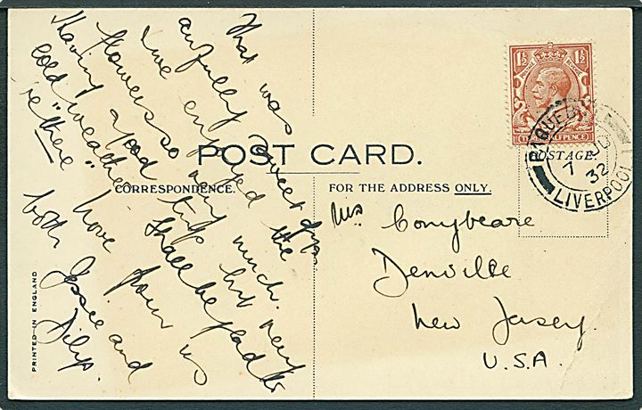 1½d George V på brevkort (R.M.S. Scythia, Cunard Line) annulleret med skibsstempel Paquebot Liverpool d. 7.6.1932 til Denville, USA.