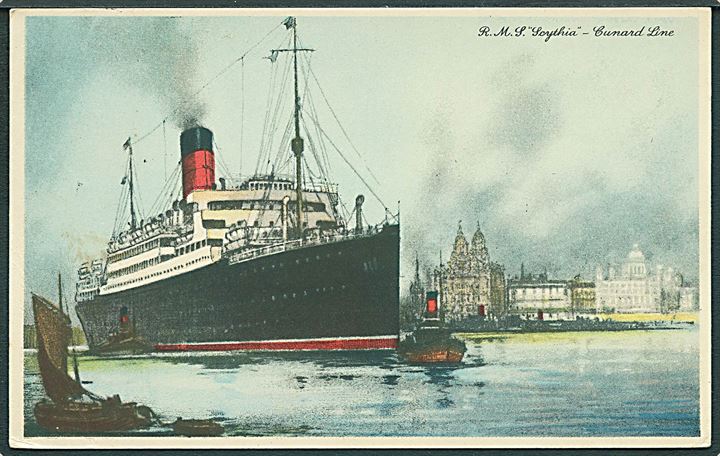 1½d George V på brevkort (R.M.S. Scythia, Cunard Line) annulleret med skibsstempel Paquebot Liverpool d. 7.6.1932 til Denville, USA.
