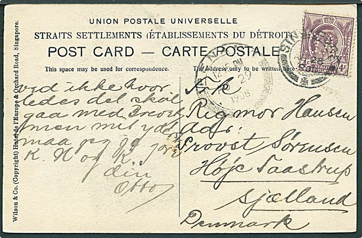 4c Edward VII med perfin EAC (Eastern Asiatic Company - Østasiatisk Kompagni) på brevkort fra Singapore d. 28.8.1908 til Høje Taastrup, Danmark.