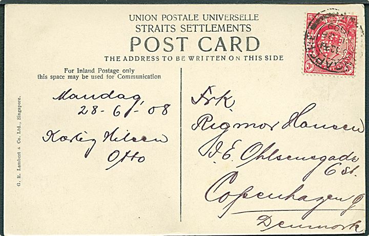 3c Edward VII med perfin EAC (Eastern Asiatic Company - Østasiatisk Kompagni) på brevkort fra Singapore d. 28.6.1909 til København, Danmark.
