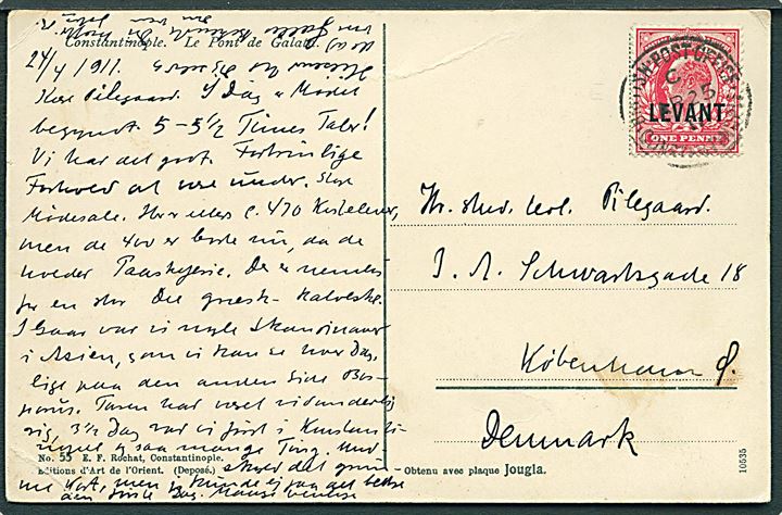 1d Edward VII Levant provisorium på brevkort annulleret British Post Office Constantinople d. 25.4.1911 til København, Danmark.
