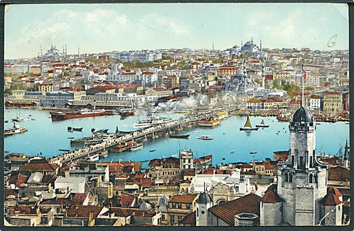 1d Edward VII Levant provisorium på brevkort annulleret British Post Office Constantinople d. 25.4.1911 til København, Danmark.
