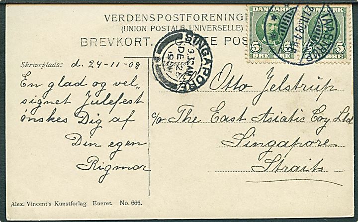 5 øre Fr. VIII i parstykke på brevkort fra Taastrup d. 27.11.1908 til Singapore, Straits Settlements. Ank.stemplet i Singapore d. 25.12.1908.