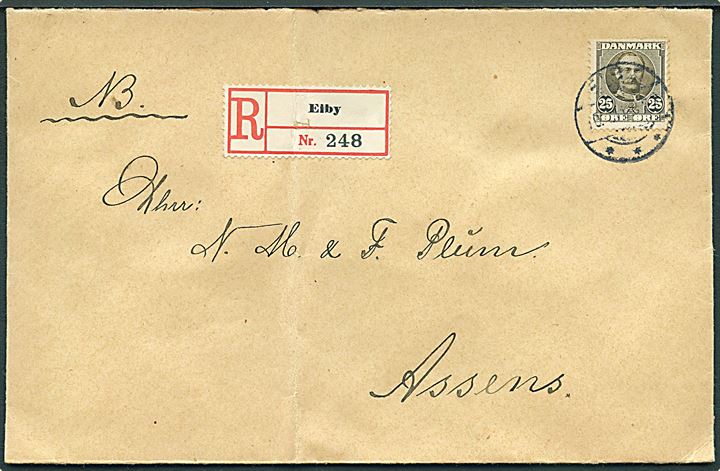 25 øre Fr. VIII single på anbefalet brev fra Eiby d. 10.11.1911 til Assens. Lodret fold.
