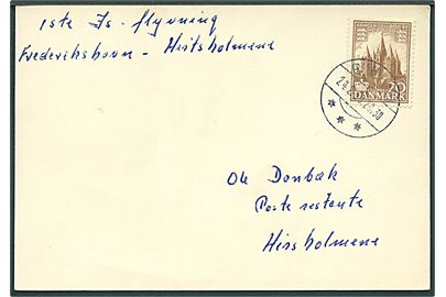 20 øre 1000 års udg. på filatelistisk is-luftpostbrevkort fra Frederikshavn d. 24.2.1955 til Hirtsholmene.