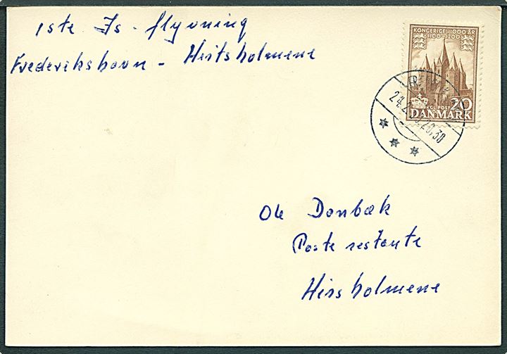 20 øre 1000 års udg. på filatelistisk is-luftpostbrevkort fra Frederikshavn d. 24.2.1955 til Hirtsholmene.