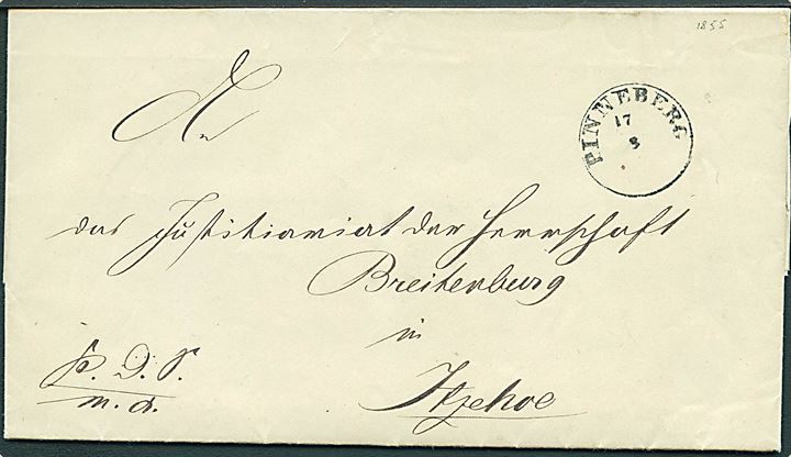 1855. Ufrankeret tjenestebrev med antiqua Pinneberg d. 17.8.1855 til Itzehoe.