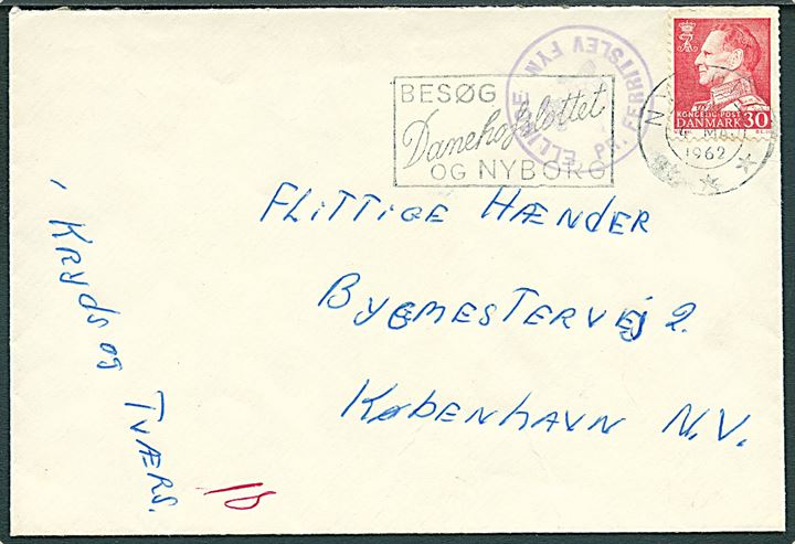 30 øre Fr. IX på brev annulleret Nyborg d. 4.5.1962 og sidestemplet med posthornstempel ELLESTED PR FERRITSLEV FYN til København.