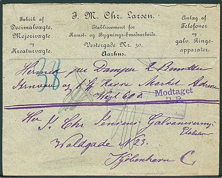 1878. Fragtbrev for dampskibsgods sendt med DFDS fra Aarhus d. 11.11.1878 til Kjøbenhavn. På bagsiden flere stempler.