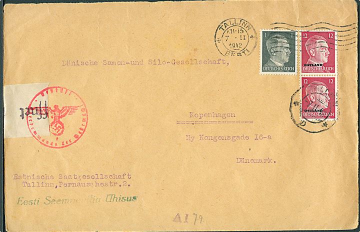 12 pfg. Ostland provisorium (par) og tysk 1 pfg. Hitler på blandingsfrankeret brev fra Tallinn d. 7.2.1942 til København, Danmark. Åbnet af tysk censur i Hamburg.