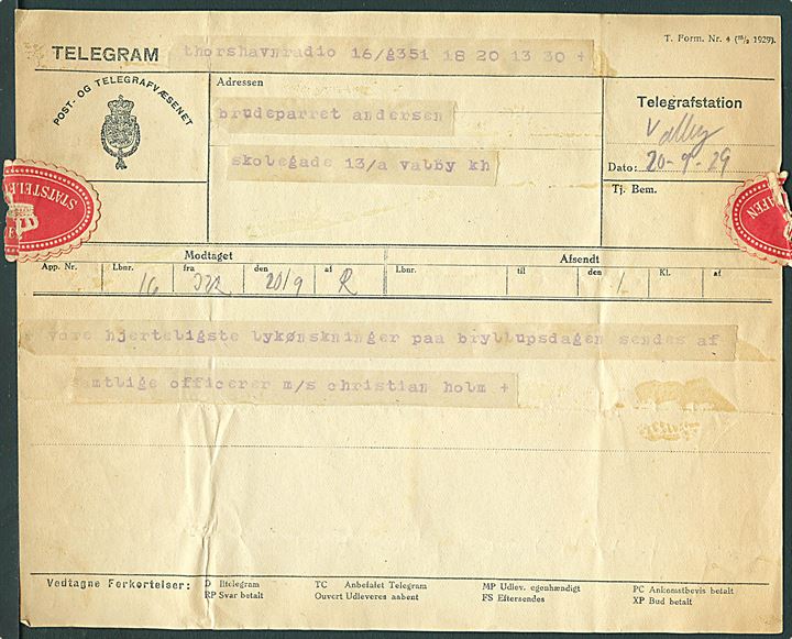 Telegram fra Thorshavn Radio d. 20.9.1929 til Valby. Bryllupshilsen fra officerer ombord på M/S Christian Holm fra Det Danske Petroleums-Aktieselskab.