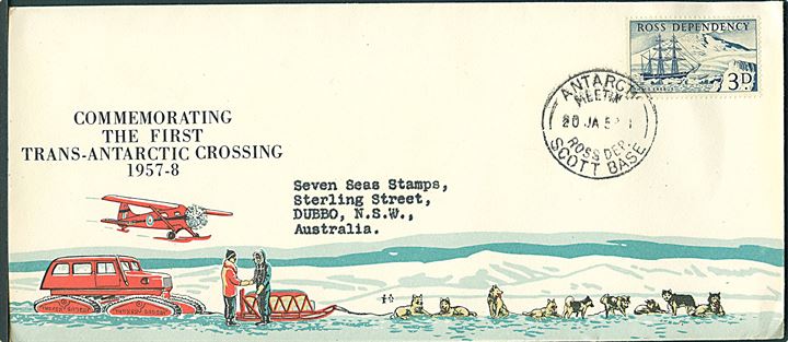 3d Ross Dependency udg. på stor illustreret særkuvert Commemorating the first Trans-Antarctic Crossing 1957-8 stemplet Antarctic Meeting Ross Dep. Scott Base d. 20.1.1958 til Dubbo, Australien.