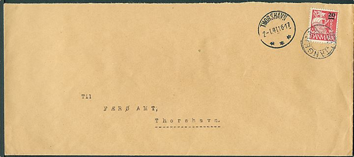 20/15 øre Provisorium på aflang kuvert annulleret med udslebet stjernestempel SALTANGERAA og sidestemplet Thorshavn d. 2.1.1941 til Thorshavn.