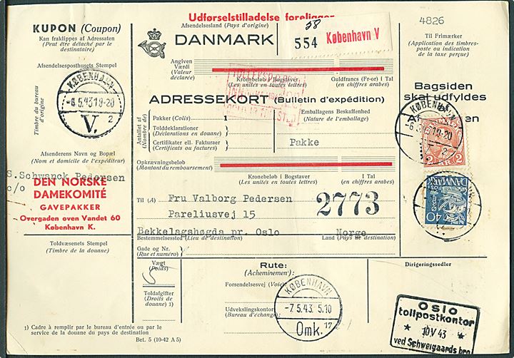 40 øre Karavel og 2 kr. Chr. X på internationalt adressekort for pakke med gavepakke fra Den norske Damekomité i København d. 6.5.1943 til Bekkelagshøgda pr. Oslo, Norge.