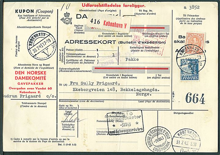 40 øre Karavel og 2 kr. Chr. X på internationalt adressekort for pakke med gavepakke fra Den norske Damekomité i København d. 30.7.1943 til Bekkelagshøgda pr. Oslo, Norge.