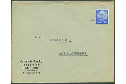25 pfg. Hindenburg på skibsbrev fra Hamburg annulleret med liniestempel Schiffsbrief til Åbo, Finland.