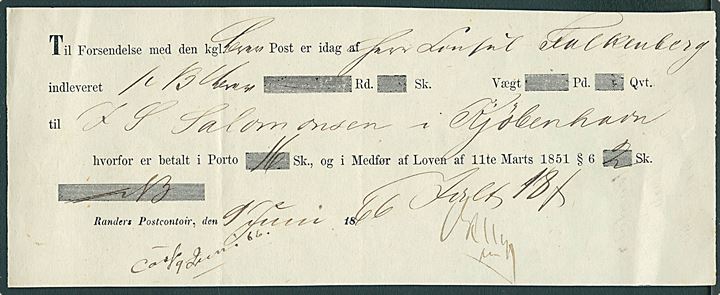 1866. Fortrykt kvittering for indlevering ved Randers Postkontor d. 9.6.1866.