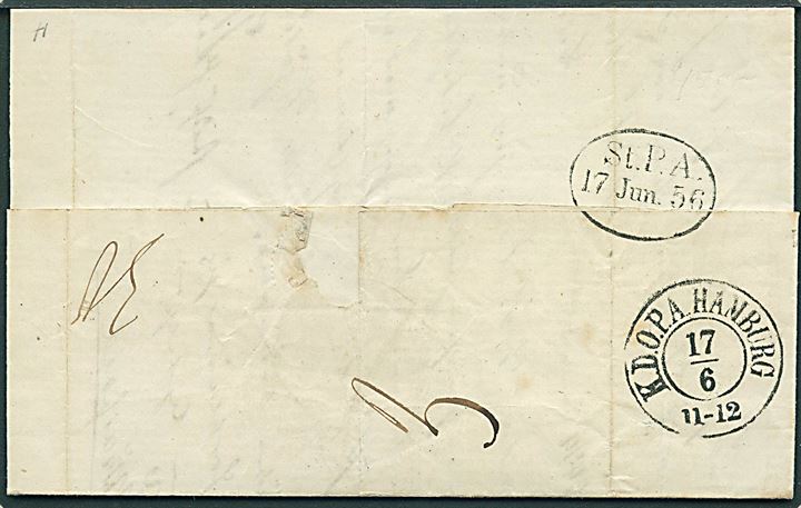 1856. Ufrankeret francobrev fra Amsterdam d. 15.6.1856 via KDOPA Hamburg til Randers, Danmark. Påskrevet Fco Hamb. og 9 sk. porto.