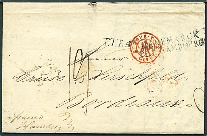 1841. Francobrev med håndskrevet bynavn Nÿborg den 11de April 1841 via Hamburg til Bordeaux, Frankrig. Sort T.T.R.4 og DANEMARCK PAR HAMBURG stempler. Daka: 1800,-