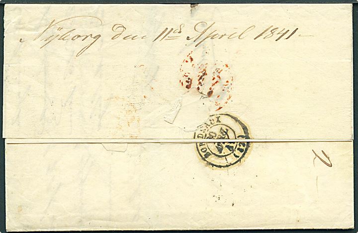 1841. Francobrev med håndskrevet bynavn Nÿborg den 11de April 1841 via Hamburg til Bordeaux, Frankrig. Sort T.T.R.4 og DANEMARCK PAR HAMBURG stempler. Daka: 1800,-