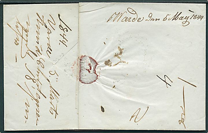 1844. Francobrev med håndskrevet bynavn Warde den 5 may 1844 påskrevet Franco Helsingborg til Mandal, Norge. Daka: 1800,-