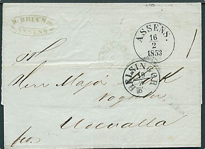 1853. Francobrev med antiqua Assens. d. 16.2.1853 via Helsingør og Helsingborg til Uddevalla, Sverige.