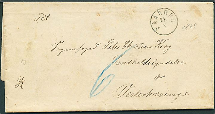 1869. Portobrev med antiqua Faaborg d. 25.8.1869 til Sandholtslyndelse pr. Vesterhæsinge. Der blev oprettet brevsamlingssted med selvstændig postadresse i Vesterhæsinge pr. 1.6.1862. Påskrevet 6 sk. porto.