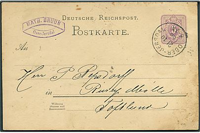 5 pfg. helsagsbrevkort annulleret med enringsstempel Ober-Jersdal d. 21.10.1888 til Toftlund.
