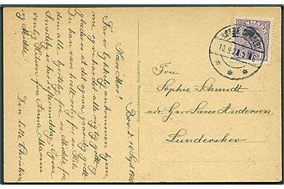 15 øre Chr. X på brevkort annulleret med brotype IIb Nørre Smedeby d. 10.9.1921 til Lunderskov.