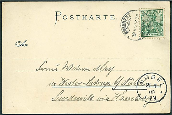 5 pfg. Germania Reichpost på brevkort (Johannes Kirke, Magdeburg) fra Graudenz d. 19.8.1900 til Wester-Satrup pr. Nübel. Ank.stemplet med enringsstempel Nübel ** d. 21.8.1900.
