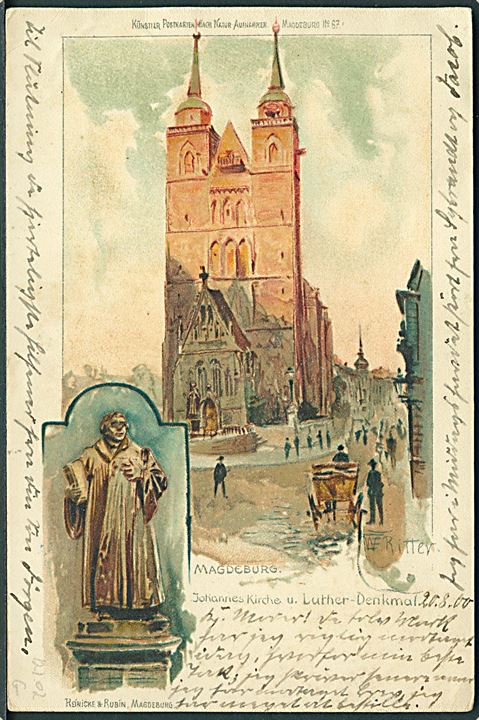 5 pfg. Germania Reichpost på brevkort (Johannes Kirke, Magdeburg) fra Graudenz d. 19.8.1900 til Wester-Satrup pr. Nübel. Ank.stemplet med enringsstempel Nübel ** d. 21.8.1900.