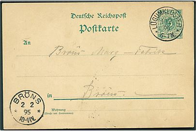 5 pfg. helsagsbrevkort stemplet Lögumkloster **Ø d. 1.2.1895 til Bröns.