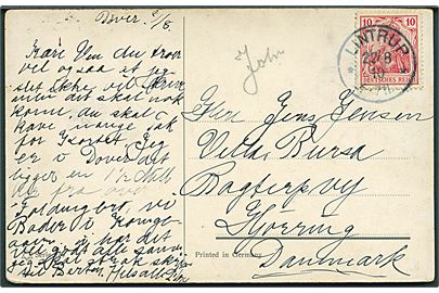 10 pfg. Germania på brevkort annulleret med enringsstempel Lintrup d. 22.8.1910 til Hjørring, Danmark.